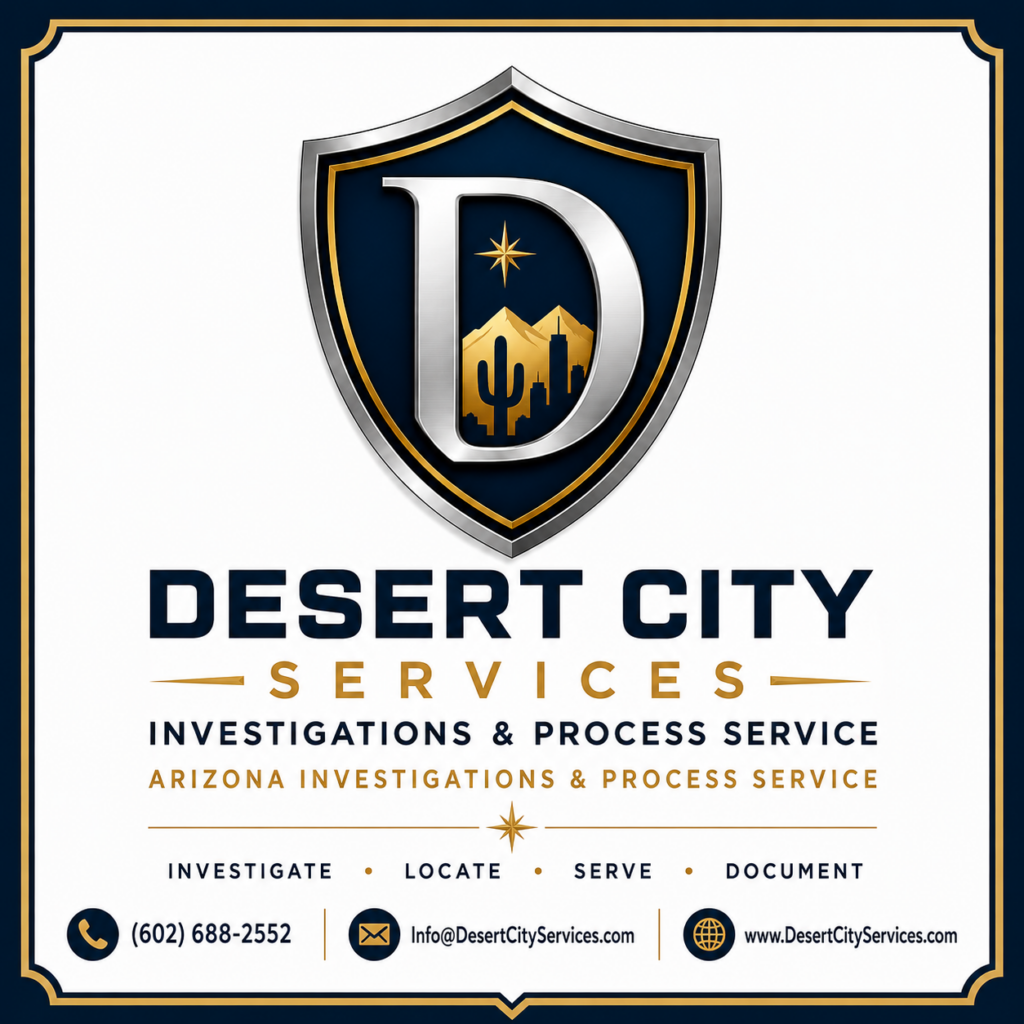 Desert City Services logo featuring metallic shield emblem with silver “D,” Arizona desert mountains, cactus, city skyline, and gold star accents