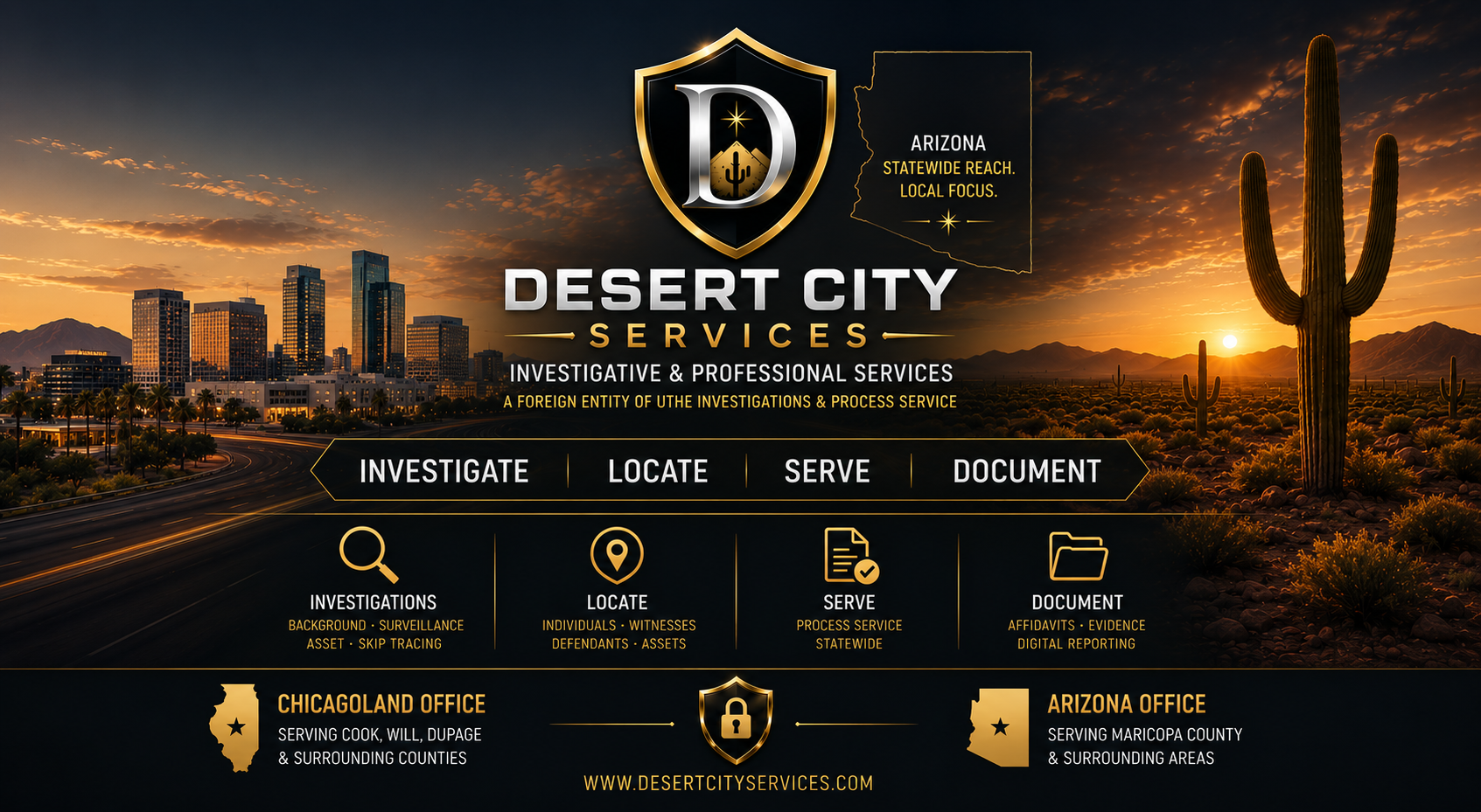 Desert City Services Arizona homepage hero banner featuring Arizona desert skyline, professional litigation support branding, investigations, process service, and Maricopa County coverage.